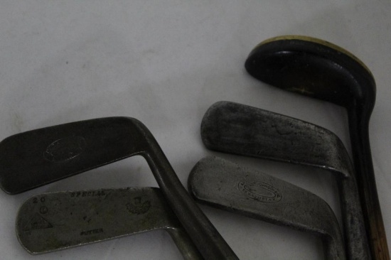 4 WOOD SHAFT PUTTERS & 1 NEW PUTTER