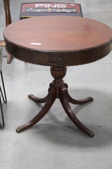 MAHOGANY DRUM TABLE, 31.5", WITH BRASS FEET