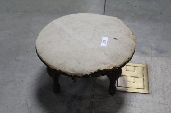 FOOTSTOOL MINUS UPHOLSTERY, UNUSUAL SHADOW BOX-TYPE TABLE FULL OF SEASHELLS