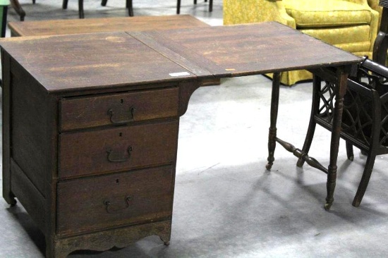 OAK FOLDING SEWIG TABLE WITH 3-DRAWERS, 48" X 23.5"