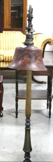 UNUSUAL WOOD LAMP, MULTI-COLORED WITH FLORAL PAINTED SHADE, SMALL CRACK IN