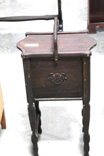 MAHOGANY SEWING STAND WITH CARVING, 9.5" X 16" X 30"