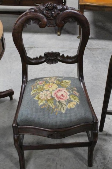 (2) FANCY CARVED VICTORIAN SIDE CHAIRS WITH NEEDLE POINT SEATS