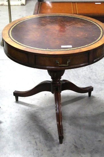 MAHOGANY DRUM TABLE WITH LEATHER INSET TOP, 30"
