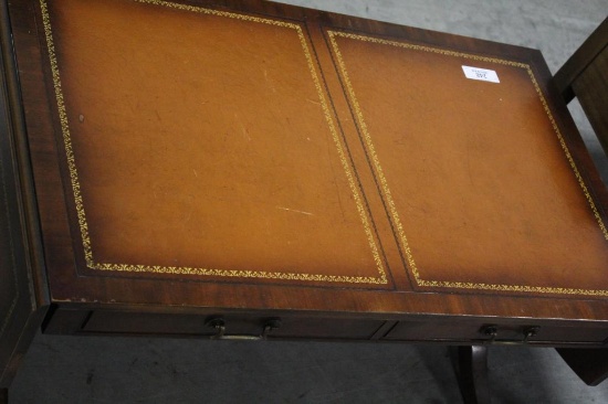 MAHOGANY DROP LEAF COFFEE TABLE WITH LEATHER INSET TOP, 21.5" X 36" X 16"