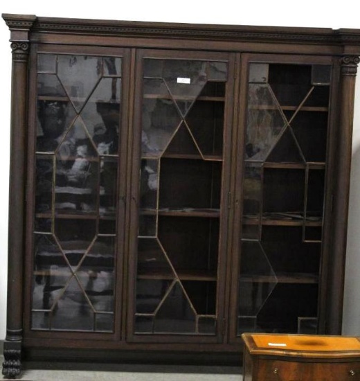 LARGE MAHOGANY 3-DOOR BOOKCASE, CLAW FEET, FULL COLUMNS, 75" X 15" X 75.5",