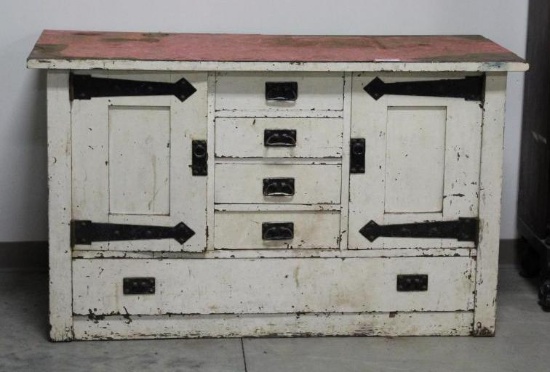 EARLY PEGGED ARTS & CRAFTS SIDEBOARD WITH HAND WROUGHT HARDWARE, PAINTED AN