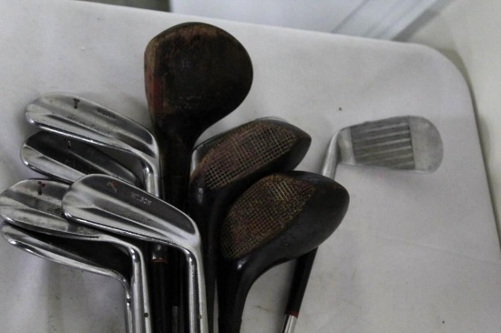 10 CLUBS - 7 WILSON SAM SNEAD BLUE RIDGE IRONS, GENE SARAZEN DRIVER, BRASSIE, SPOON