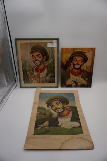 3 GOLF CLOWN PRINTS, (ONE 12.50" X 15.25" FRAMED, TWO UNFRAMED)