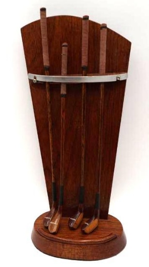 MINIATURE T. MORRIS GOLF CLUBS WITH STAND, 11.25" TALL