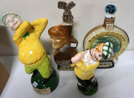 7 GOLF DECANTERS - HOW DRY I AM, CHRISTY & BROOKS, GLEN CAMPBELL OPEN, KAIS