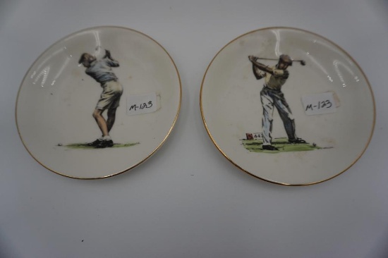 2 HAND-COLORED SMALL PLATES WITH GOLF IMAGES