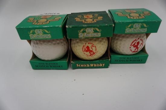 3 ST. ANDREWS GOLF BALL SCOTCH DECANTERS