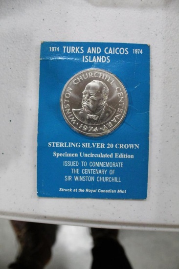 1974 WINSTON CHURCHILL 20 CROWN COIN, 1989 ONE OZ. SILVER CANADIAN COIN