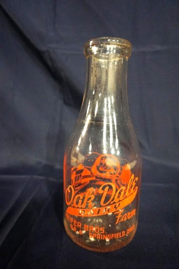 RARE OAK DALE DAIRY, SPRINGFIELD, OH, ORANGE PYRO QUART MILK BOTTLE, SMALL