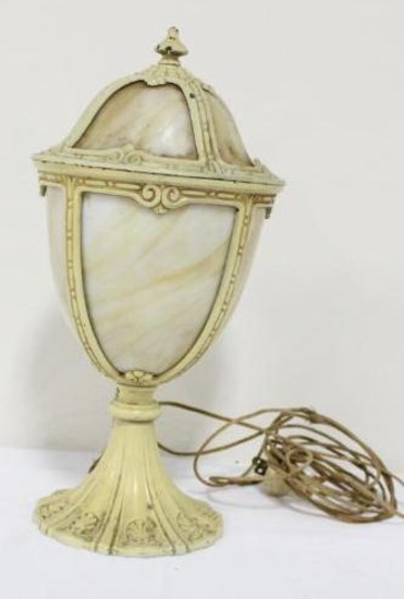 CAST IRON AND SLAG GLASS URN FORM LAMP