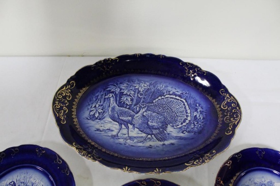 FLOW BLUE-TYPE TURKEY PLATTER WITH (3) PLATES