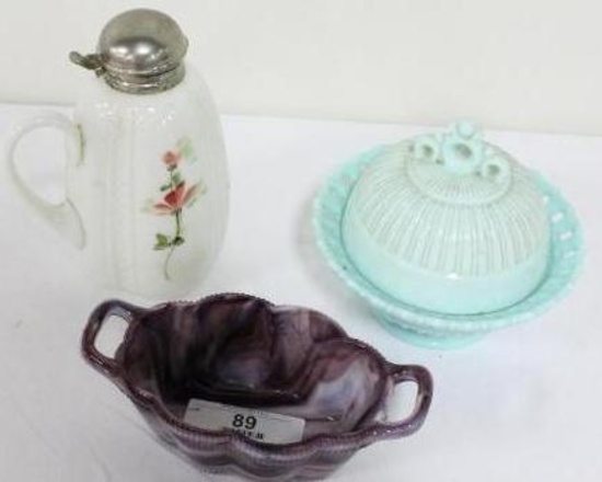 COVERED BUTTER WITH CHIP, SLAG GLASS IMPERIAL BOWL, FLORAL DECORATED SYRUP