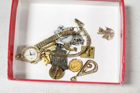 14K GOLD LADIES WATCH AND OTHER SMALL MISC. GOLD & STERLING