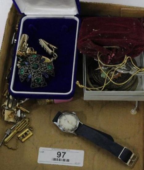 LARGE FLAT OF CUFF LINKS, WATCH, LARGE BRASS "D", TIE TACKS