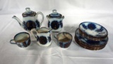 FLOW BLUE-TYPE CHILD'S TEA SET INCLUDING TEAPOT, (4) BOWLS, CREAM & SUGAR,