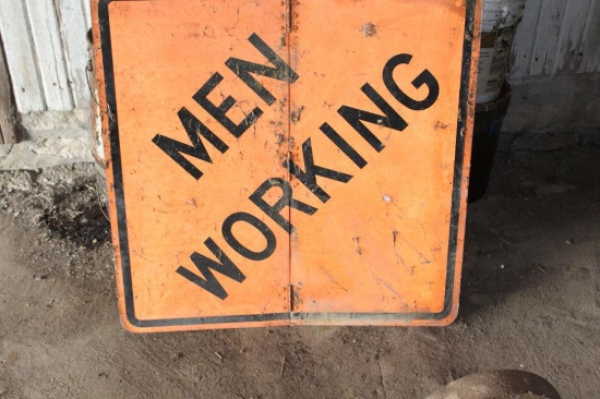 STACK OF OLD BUCKETS - SOME WITH OIL - "39 MEN AT WORK" METAL SIGN; GLASS B