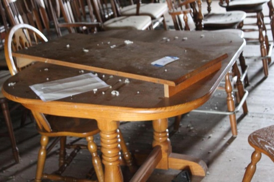 OAK TABLE, (2) HOOP-BACK CHAIRS