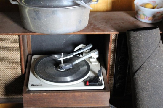SCRAP, POSTERS, TABLE (NO LEGS), CHAIR, MID-CENTURY GE STEREO RECORD PLAYER