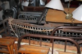 SMALL CARVED GLASS DISPLAY, HANGING LIGHT, METAL HOSPITAL BEDS, FOLDING DIR