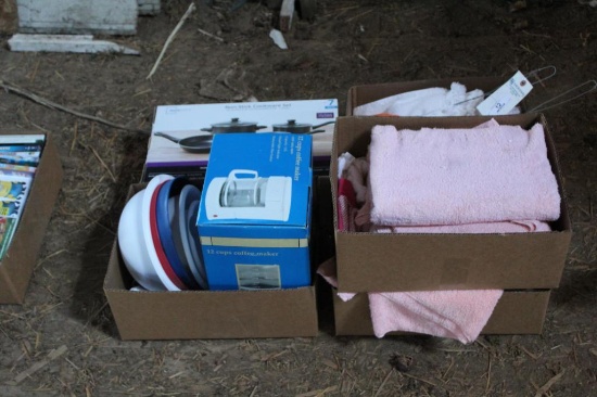 TOWELS, COFFEE POT, PLASTIC BOWLS, COOKWARE SET IN BOX