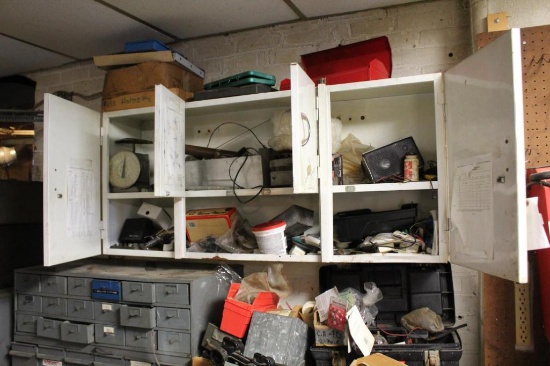 METAL CABINET, SCALES, MISC TOOLS, MISC HARDWARE