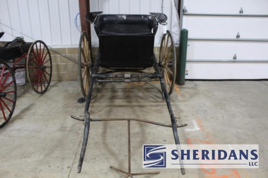 18-3: VINTAGE WOODEN WHEEL HORSE CART, SOME TEARS IN LEATHER SEAT, WITH IRO