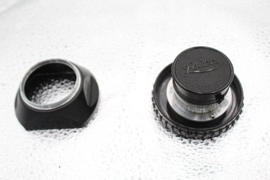 LEICA 35MM SUMMARON LENS F3.5, THREAD MOUNT, WITH FILTER, CASE, AND HOOD, A