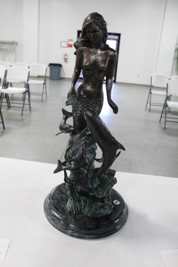 MARBLE-BASED BRONZE MERMAID AND DOLPHIN STATUE, 21", BY SPI
