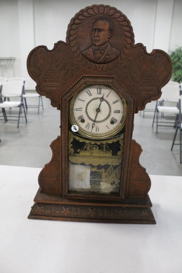 SETH THOMAS FIGURAL, OAK CASED KITCHEN CLOCK, REMEMBERING ADMIRAL DEWEY, CR
