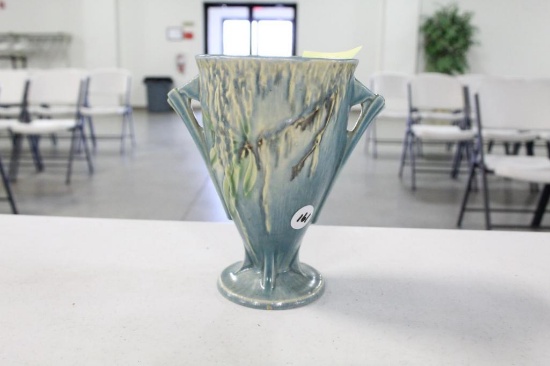 ROSEVILLE MOSS PATTERN VASE, 6", SLIGHT RIM CHIP, HAIRLINE CRACK