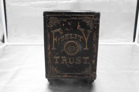 FIDELTY TRUST, CAST IRON SAFE BANK, HART MANUFACTURING CO., 6.25" X 6" X 8"