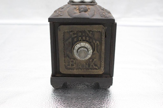 COIN DEPOSIT CAST IRON BANK, BY IDEAL CO., 4" X 3.75" X 5"