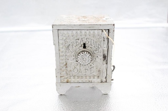 TREASURE SAFE BANK, CAST IRON, BY STEVENS CO., 4" X 3.5" X 6"