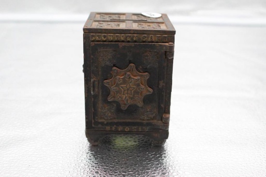 SECURITY SAFE DEPOSIT, CAST IRON BANK, BY KYSER & REX, 3" X 3" X 4.25"