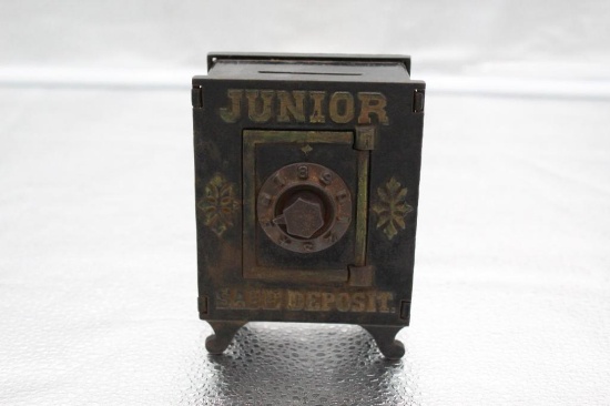 JUNIOR SAFE DEPOSIT, CAST IRON BANK. 3.25" X 2.25" X 4.5"