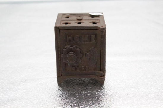 HOME SAFE CAST IRON BANK, MADE BY GREY IRON, 2.5" X 2.75" X 3"