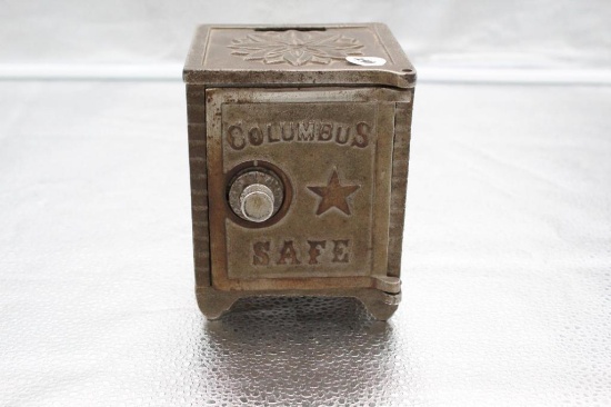 COLUMBUS CAST IRON SAFE BANK, BY KENTON, 4" X 4.25" X 5.25"