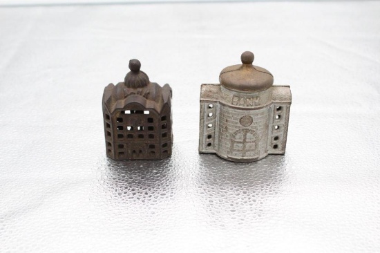 (2) SMALL CAST IRON BUILDING BANKS