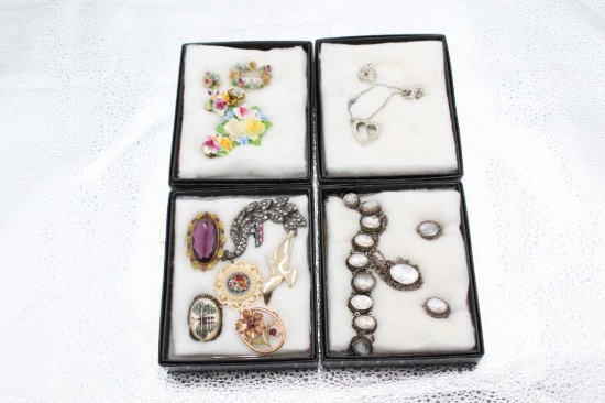 (4) SMALL DISPLAY BOXES OF VINTAGE JEWELRY