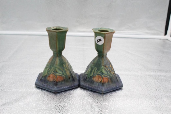 PAIR BOENEDA ROSEVILLE CANDLEHOLDERS, BOTH WITH ORIGINAL FOIL TAG