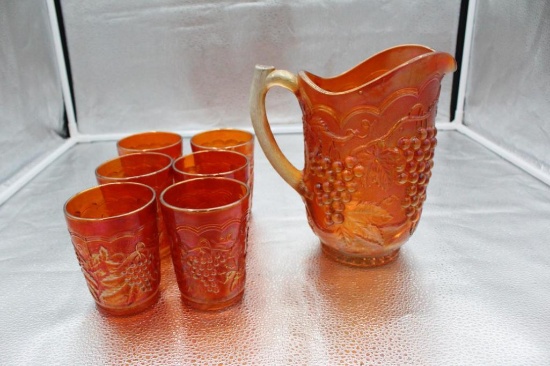 CARNIVAL GLASS GRAPE PATTERN WATER SET (PITCHER CRACKED)