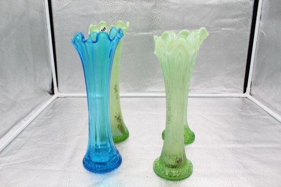(3) GREEN OPALESCENT VASES, (1) BLUE VASE, ALL 11" OR 12"