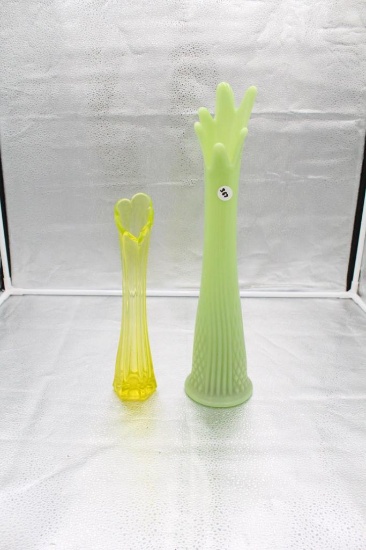 (1) FENTON JADITE RIBBED FLUTED VASE, (1) VASELINE VASE