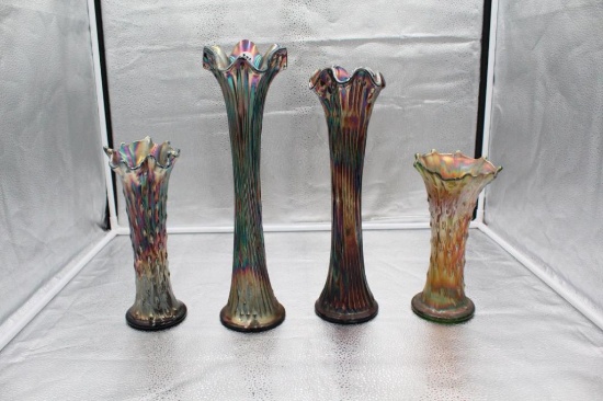 2) NORTHWOOD CARNIVAL TREE TRUNK VASES, (2) FENTON CARNIVAL GLASS VASES
